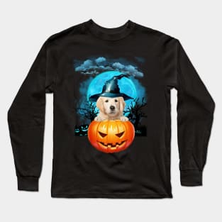 Goldden Retriever Witch Hat Pumpkin And Blue Moon Halloween Long Sleeve T-Shirt